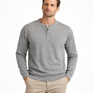 Eddie Bauer Mens Gray Henley Sweatshirt 100% Cotton Tall Large Quarter Snap Neck
